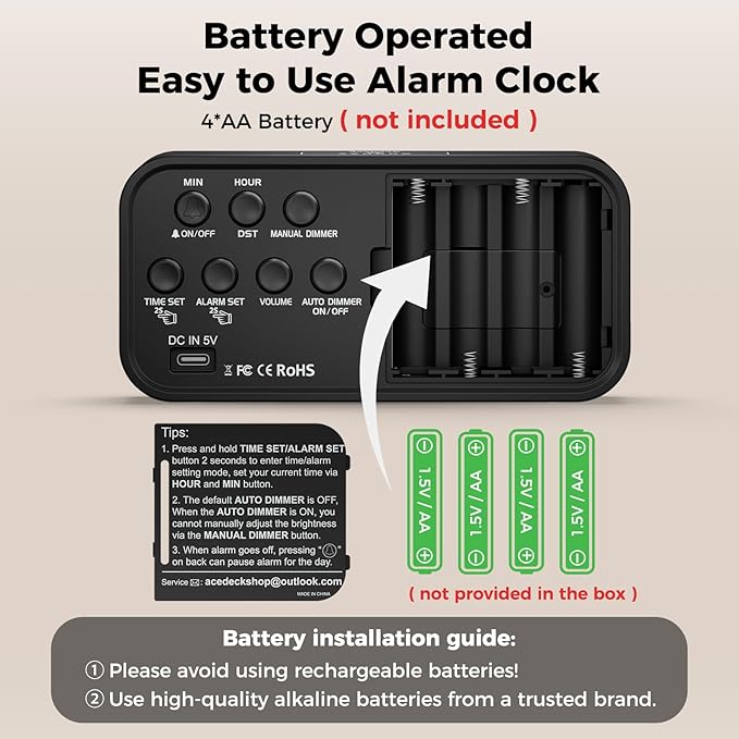Battery Operated Digital Clock: Cordless Small Alarm Clock for Bedroom Travel - Large Numbers 4 Dimmers for All Ages Blue Digits
