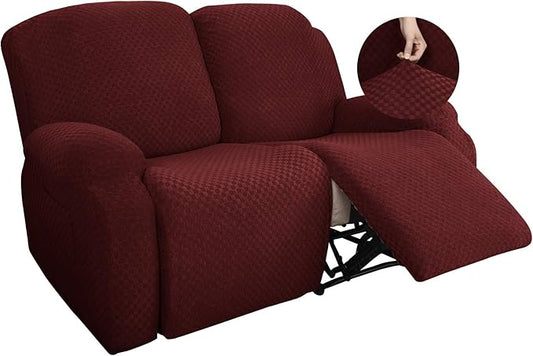 YEMYHOM 6 Pieces Stretch Loveseat Recliner Slipcover Jacquard Recliner Sofa Cover with Side Pocket Fitted Recliner Cover Couch Furniture Protector with Elastic Bottom (Loveseat Recliner, Wine Red)