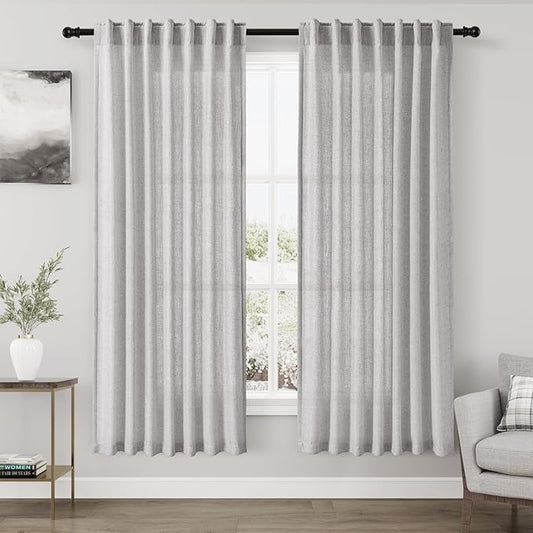 Nanspring Grey Linen Semi Sheer Curtains 72 Inches Long 2 Panels Set for Bedroom Back Tab Rod Pocket Light Filtering Drapes Cotton Textured Grey Farmhouse Living Room Curtain 52X72 Inches
