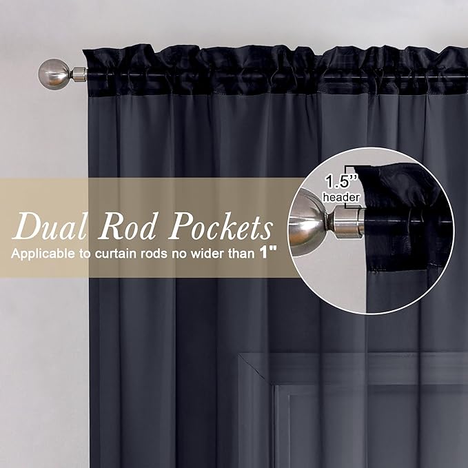 Lecloud Black Sheer Curtains 63 Inch Length 2 Panels, Voile Light Filtering Living Room Curtains for Bedroom, Rod Pockets Solid Soft Drapes for Bathroom Home Office, Each Panel 59" W x 63" L