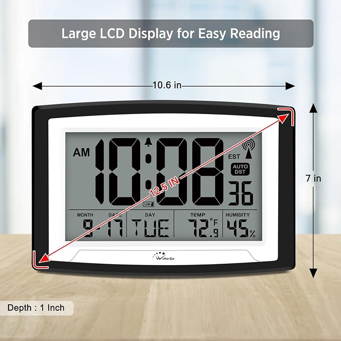 WallarGe 12.5 Inch Atomic Clock with Indoor Temperature and Humidity - Image 3