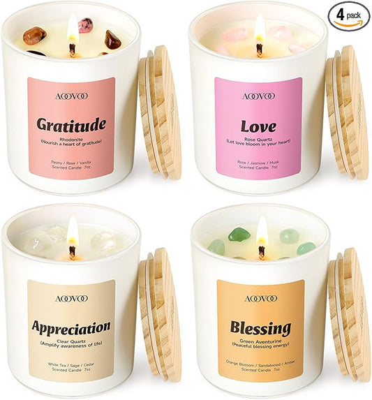 AOOVOO Mom Candles Set for Women - 4 Pack Candles for Home Scented, 28 oz 200h, Aromatherapy Candle with Crystals, Gratitude Rhodonite/Appreciation Clear Quartz/Blessing Aventurine/Love Rose Quartz