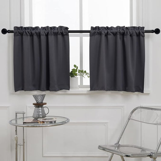 Pickluc Rod Pocket Tier Curtain - Half Blackout Curtain for Kitchen, Bathroom, Cabinet, Basement, 42 Inches Wide and 24 Inches Long, Dark Grey, 2 Panels