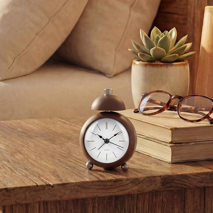 Analog Alarm Clock, Mid-Century Modern Desk Clock, Silent Non-Ticking Quartz Table Clock with Black Hands, Battery Operated Decorative Clock for Bedroom, Office, Living Room (Brown)