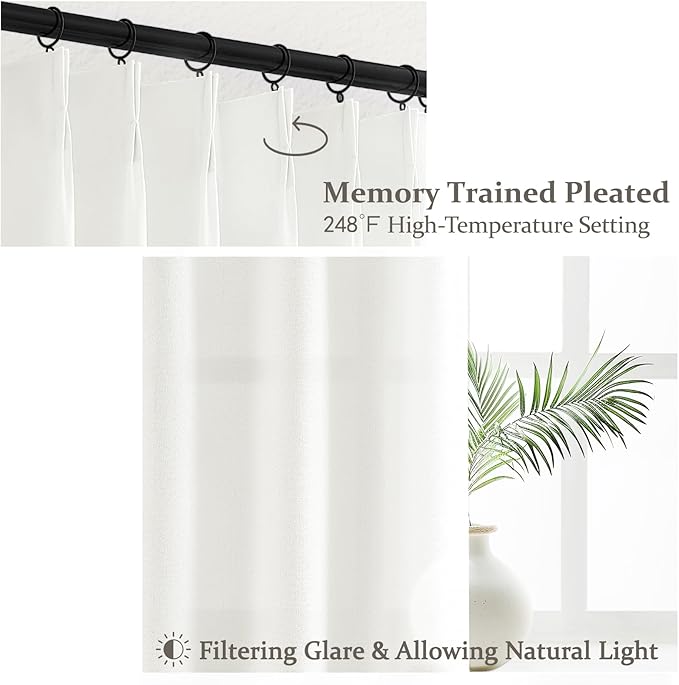 White Linen Curtains 92 Inches Long for Nursery 2 Panels Set, Memory Trained Pinch Pleated Soft Drapes for Living Room Light-Filtering Sheers Privacy Curtain That Let Light in 90-92 Inch Large Windows