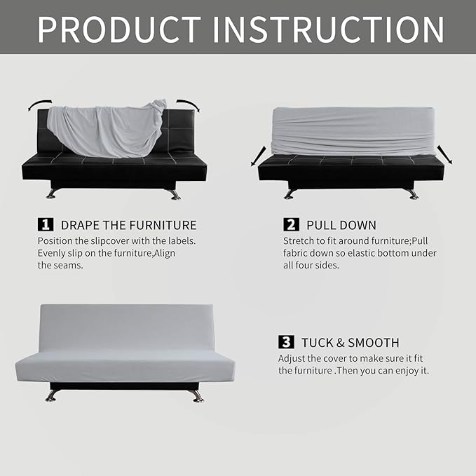 Easy-Going Stretch Futon Slipcover Armless Futon Bed Cover Furniture Protector Without Armrests with Elastic Bottom for Kids, Soft Jacquard Fabric Small Checks (Large, Silver Gray)