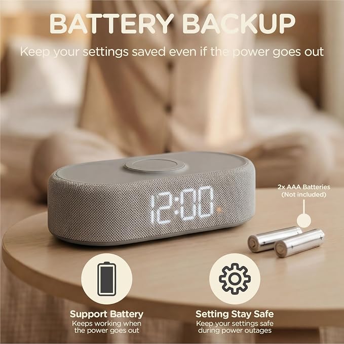 Fabric Digital Alarm Clock for Bedroom, Wireless Charging, Black - Image 7