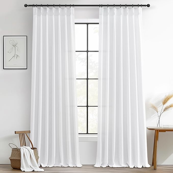 Cute White Sheer Curtains 96 Inches Long for Living Room, Textured Linen Blend Pleat Memory Shape Bedroom Decor Curtain Privacy Light Filtering Bedroom Drape Hook 96 Inch 2 Panels Set (W40 xL96)