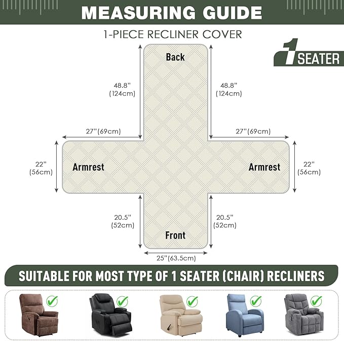 TAOCOCO 100% Waterproof Recliner Chair Covers, Non Slip Recliner Covers for Recliner Chair with Pocket, Washable Reclining Chair Cover Furniture Protector for Kids,Dogs(25'', Sage Green)