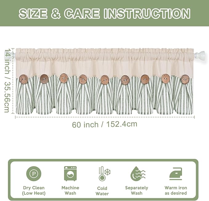 ASPMIZ Cotton Linen Kitchen Curtains Valance, Boho Rustic Button Valances for Windows Farmhouse Style, Green Stripe Window Valances for Bathroom Cafe, Tie Up Valance for Kitchen Windows, 60 x 14 Inch