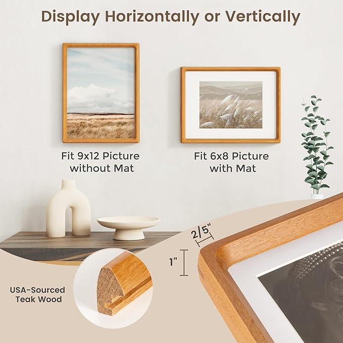 Fun Memories 9x12 Picture Frame, USA-Sourced Teak Wood Photo Frames with HD Tempered Glass, Handcrafted Rounded Corner 9 x 12 Wooden Frames Matted to 6x8 Photos, 9x12 Frame, Tabletop or Wall Display