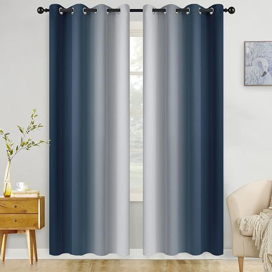 COSVIYA Curtains & Drapes Ombre Navy Blue Curtains 90 inch Length 2 Panels, Grommet Room Darkening Light Blocking Insulated Thermal Gradient Window Panels for Bedroom/Living Room,52x90 inches