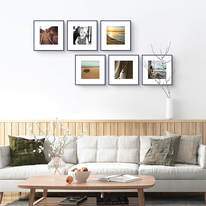 Golden State Art 12x12 Picture Frame 6 Pack - Navy Blue Aluminum Photo Frames With 8x8 Mats and Real Glass Cover - Elegant Minimalist Wall Gallery Frames for Home or Office Decor