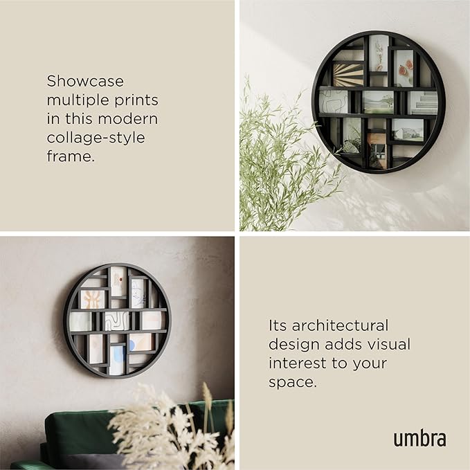 Umbra Luna Collage Picture Frame Holds Nine 4x6 Photos, Large 22-Inch Diameter, Black
