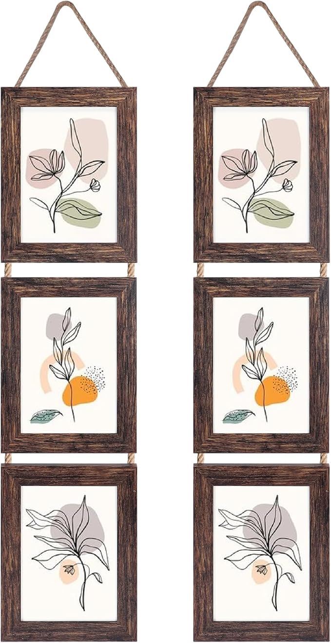 Lavezee Wall Hanging 5x7 Picture Frames Set of 2, Vertical Collage Distressed Brown Triple Frame Made to Display 5 by 7 inch Photo for Wall Decor
