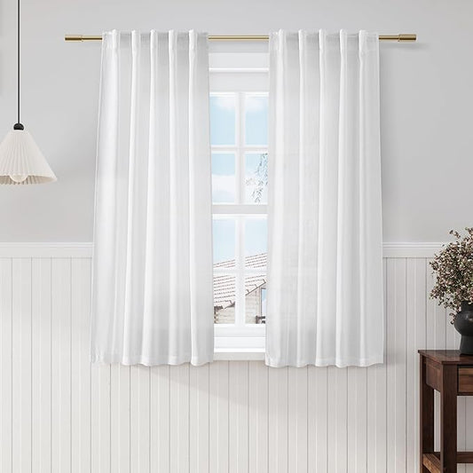 Nanspring White Cafe Curtains 54 Inch Length Set 2 Panel Kitchen Back Tab Pocket Drapes Semi Sheer Short Linen Textured Sheer White Curtain Modern Decor for Small Bathroom Window