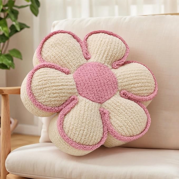 Beige Preppy Throw Pillow Decorative Flower Pillows 16" Cute Soft Fluffy Daisy Shaped Floor Cushion Aesthetic for Sitting Chair Couch Bed Room Bedroom Decor (1, Beige, 16 Inch)