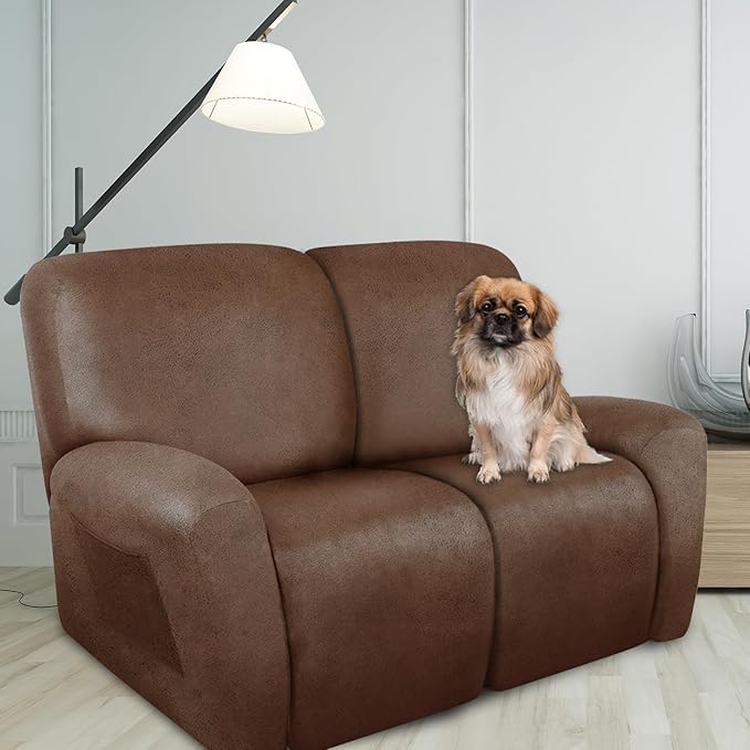 ANARACHON Loveseat Recliner Cover Leather Look Recliner Loveseat Covers Recliner Sofa Cover for 2 Seater Reclining Couch Spandex Fabric Washable 6 Pieces (2 Seater, 01 Brown)