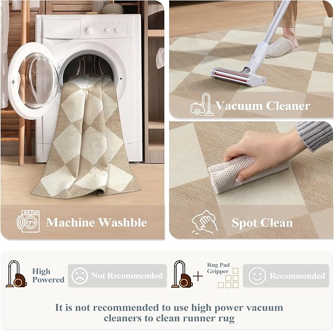 Beeiva Checkered Print Long Hallway Runner Rug Non Slip, Beige Ultra Thin 2.5x10 Washable Runner Rug, Moroccan Trellis Home Decor Faux Wool Neutral Carpet for Bathroom Kitchen Hallways, 10ft