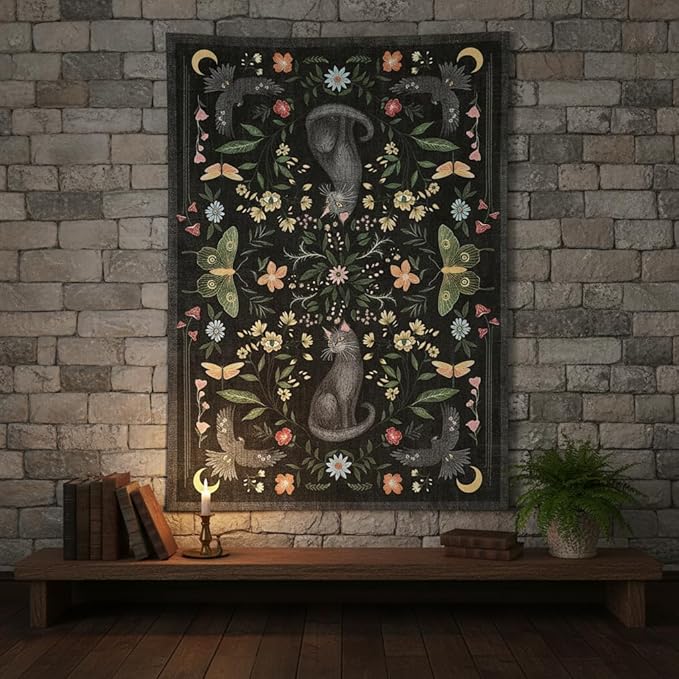 GarveeHome 5x7 Cat Area Rug Black Washable Rugs for Living Room Bedroom, Soft Mushroom Floral Low Pile Non Slip Floor Mat Animal Print Throw Rug Indoor Carpet for Dorm Playroom Gothic Decor