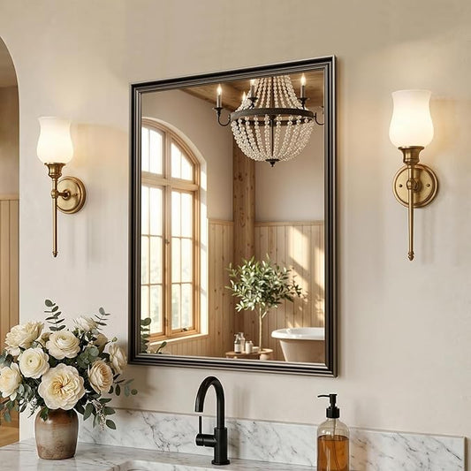 Retro Copper Effect Framed Wall Mirror, 24x32 Rectangle Mirror, Anti-desilvering Tempered Glass, Sustainable& Sturdy Frame, Farmhouse Mirror, Anti-Rust, 3min Fast Setup for Bathroom Living Room