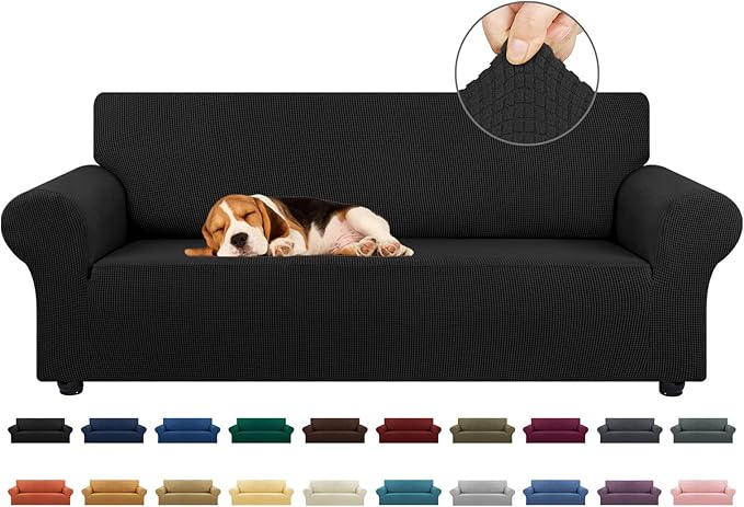 KEKUOU Stretch Sofa Cover Slipcover ???Couch Covers for 3 Cushion Couch Sofa pet Friendly (78"-94") Furniture Protector Sofa with Elastic Bottom for Kids,Dog, Jacquard Small Checked(Large,Black)