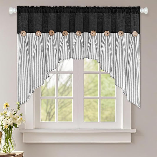 ASPMIZ Farmhouse Cotton Linen Swag Valances for Windows, Boho Kitchen Curtains Valances with Rustic Buttons, Black Striped Window Treatments Curtain Valance for Bathroom Cafe, 61 x 36 Inch, 1 Panel