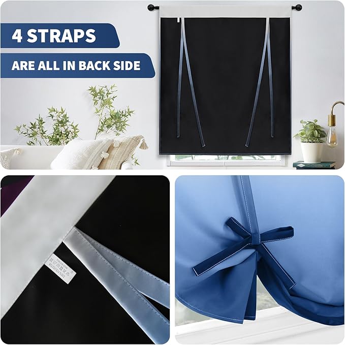 COSVIYA 100% Blackout Ombre Blue Adjustable Tie Up Curtains for Kitchen Thermal Insulated Room Darkening Valance Rod Pocket Balloon Roman Shade for Small Window,48" L x 34" W, 1 Panel