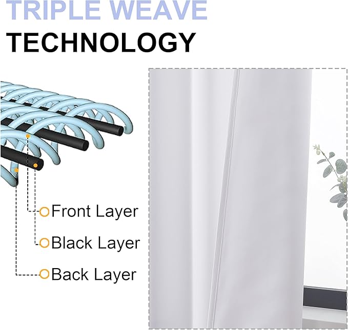 Simplebrand Ava Pure White Light Filtering Curtains for Bedroom 63 Inch Length 2 Panels Set, Solid Thermal Insulated Privacy Living Room Window Treatment Curtains Light Filtering, W50 x L63 Inch