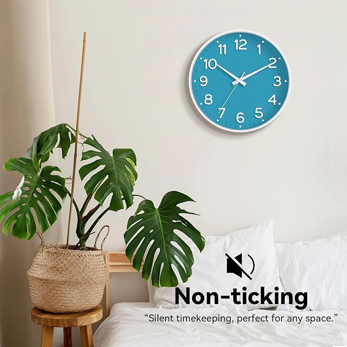 Wall Clock 12 Inch Silent Wall Clocks Battery Operated-Modern Non Ticking Analog Clock Decorative for Kitchen Bedroom Office (Blue)