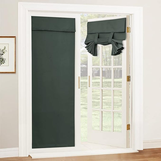 RYB HOME Blackout French Door Curtain - Privacy Thermal Insulated Window Shades for Patio Kitchen Front Entry Back Door Glass Window, Self Adhesive No Drill, 1 Panel, 26" W x 72" L, Dark Green