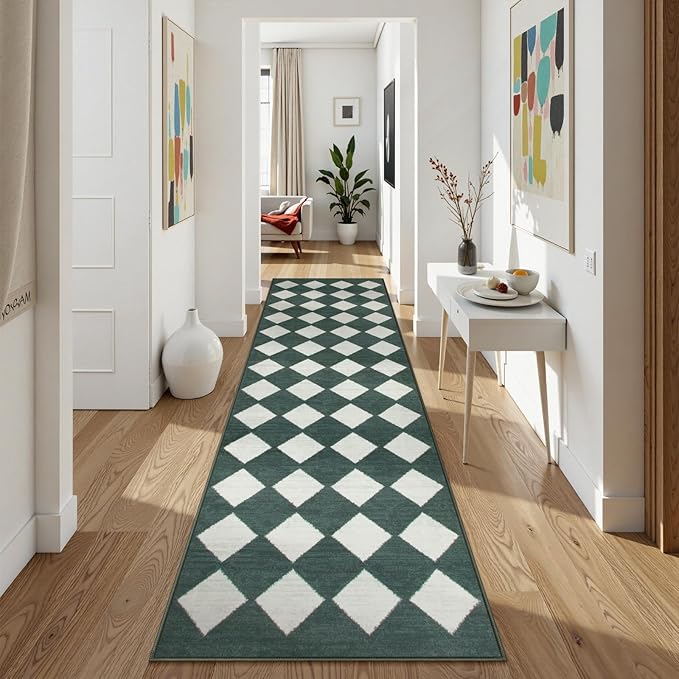 Lahome Zelie Checkered Washable 2x8 Green Runners for Hallways Non Slip, Ultra-Thin Kitchen Bathroom Runner Rugs, Moroccan Trellis Throw Carpet Runner for Bedroom Entryway Decor (2'x8',Dark Green)