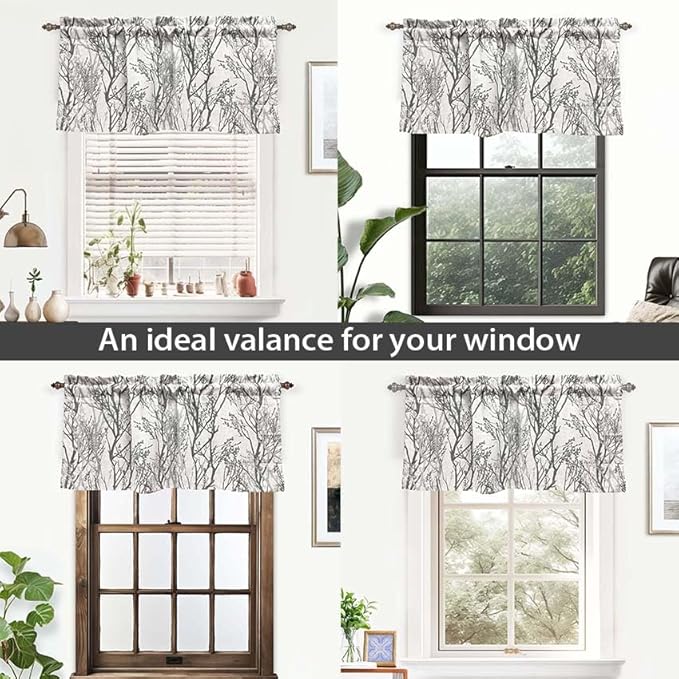 DriftAway Tree Branch Linen Lined Valance Double Layer Thermal Insulated Room Darkening Blackout Valances 3 Inch Rod Pocket Short Window Valance for Living Room Bathroom 52 Inch by 24 Inch Gray