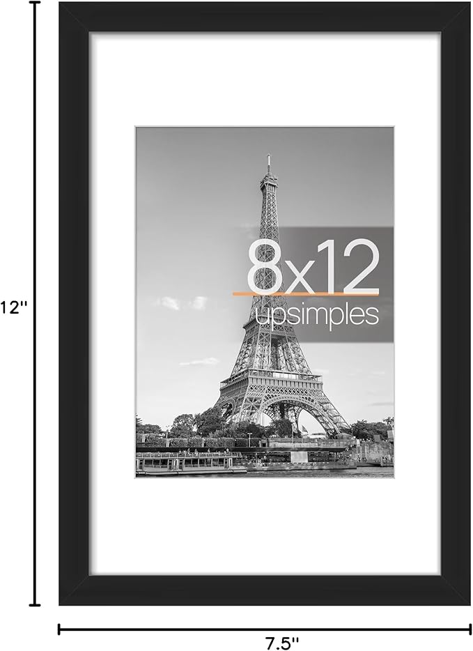 upsimples 8x12 Picture Frame, Display Pictures 6x8 with Mat or 8x12 Without, Wall Hanging Photo Frames, Black, 1 Pack