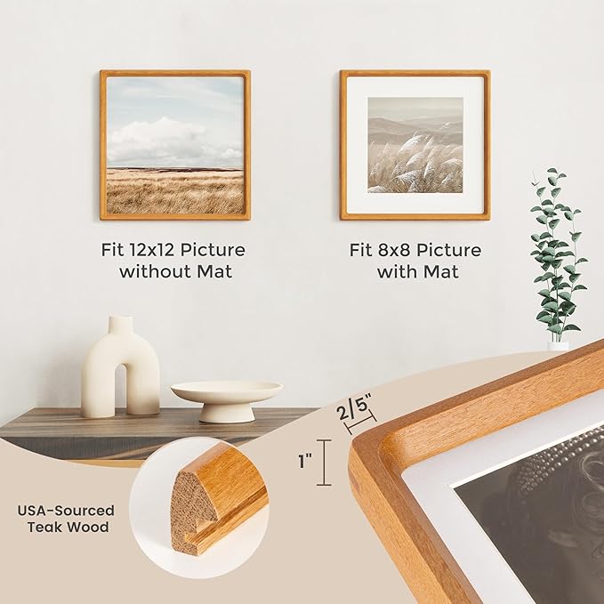 12x12 Frame, USA-Sourced Teak Wood Photo Frames with HD Tempered Glass, Handcrafted Rounded Corner Square Wooden Frames Matted to 8x8 Photos, 12x12 Picture Frame, Tabletop or Wall Display