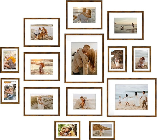 Giftgarden 14 Pack Brown Picture Frames with Mat for Various Sizes Photos, Assorted Matted Frame Set Including Two 11x14, Six 8x10, Six 5x7, Gallery Frame Collage for Wall or Tabletop Display