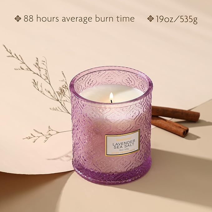 Lavender Sea Salt Scented Candles, 19oz Candles Gifts for Women, Purple Luxury Large Decorative Candles in Glass, Natural Soy Wax for Home