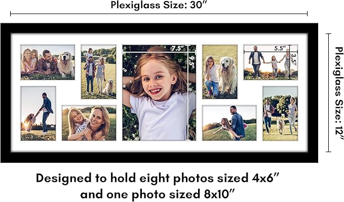 Americanflat 12x30 Collage Picture Frame with Polished Plexiglass - Multi Picture Frames Fit One 8x10 and Eight 5x7 Photos or Use as One 12x30 Frame - Signature Collection - Black