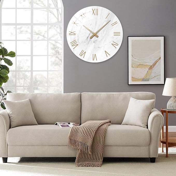 24 Inch White Minimalist Glass Wall Clocks Battery Operated Extra Large Wall Clock for Living Room Bedroom Round Analog Silent Wall Clock