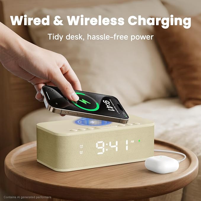 Digital Alarm Clock White Noise, Loud Digital Alarm Clocks Bedrooms, Alarm Clock Speaker Wireless Charger AUX USB Bluetooth Speaker 12/24H Dual Alarm Snooze Adjustable Brightness, Cream - Image 3