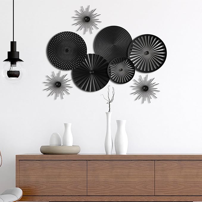 Lingvee 8 Pcs Gold Wall Decor Modern Metal Decor Metal Starbursts Radial Plate Art Hanging Decorative Wall Decorations for Home Bedroom Bathroom Living Room Office Sculpture (Black)