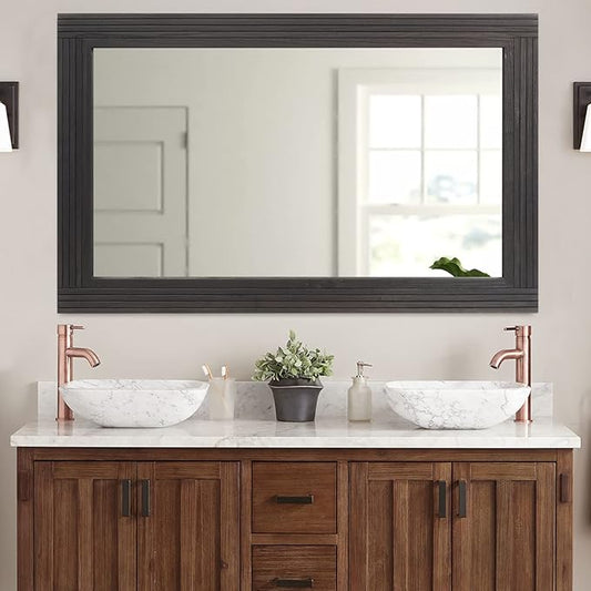YOSHOOT Hand-Made Wooden Spliced Wall Mirror for Bathroom, Rustic Farmhouse Vanity Mirror, Décor Wall Art, Solid Wood Frame, Vertical or Horizontal Hanging, 60" x 36", Black