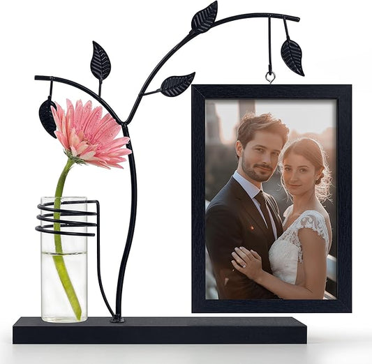 Sapowerntus 5x7 Picture Frames Black Family Desk Office Modern Photo Frame, Water Plants Flowers Floating Double Glass Vase Tabletop Standing Home Decor, Wedding Grandma Mother Mom Gift