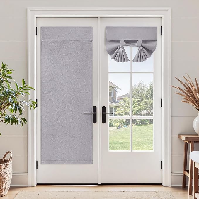 HOMEIDEAS 100% Light Gray Linen Blackout French Door Curtains, Privacy Door Window Curtains, 30 X 68 Inch Room Darkening Blinds, Thermal Insulated Shades for Bedroom, 1 Panel