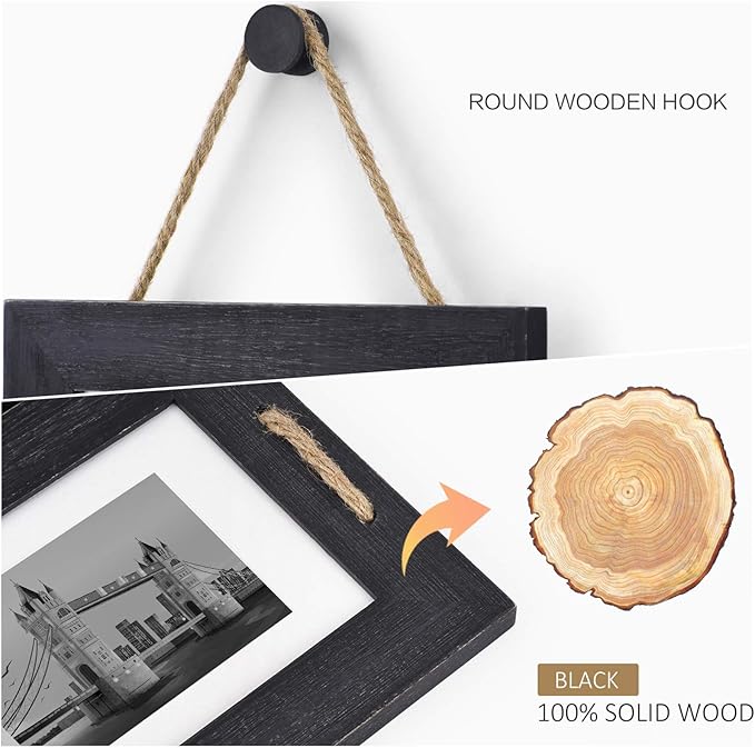DLQuarts 5x7 Hanging Collage Picture Frames Wall Decor, 4-Opening 5x7 Matted to 3.5x5 Photo Rustic Wood Frame with Hemp Rope, 2 Pack, Weathered Black