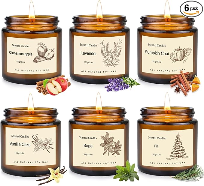 6 Pack Candles for Home Scented,Long Lasting Soy Candles for Home,Holiday Scented Candle Gift Set with Cinnamon Apple,Pumpkin Chai&Vanilla,Natural Aromatherapy Candles,Holiday Gifts for Women