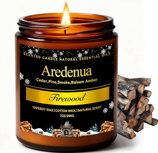 Firewood Scented Candle | Smoky Wood Scent 7oz Soy Candles for Home Cozy Scented, Holiday Aromatherapy Candles | Candle Gifts for Women Men - 50H Clean & Long Lasting Burn