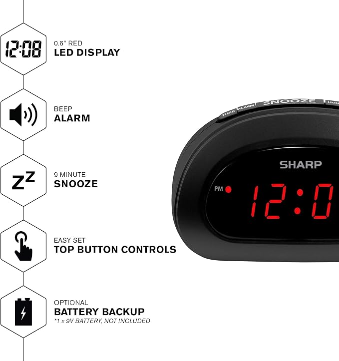 Sharp Small Digital Alarm Clock, Red LED, Snooze, 9V Battery Backup, Black - Image 2