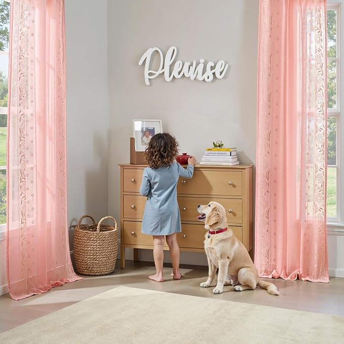 jinchan Winslow Sheer Curtains 96 Inch for Bedroom Living Room Embroidered Bordered Floral Nursery Curtains for Girls Room Light Filtering, Beige on Pink, 2 Panels, 50W x 96L