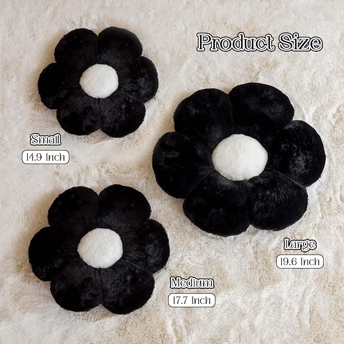 Kcvvcr Black Flower Pillow, Cute Decorative Flower Shaped Throw Pillow with Faux Rabbit Fur, 17.7" Soft Daisy Plush Floor Cushion Aesthetic Room Decor for Bed Sofa Couch
